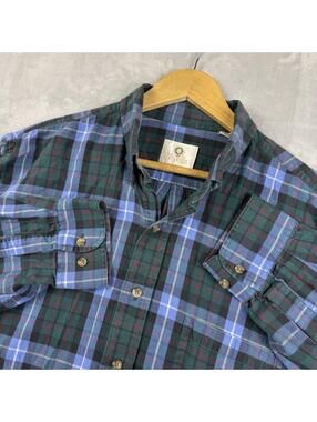 Vintage Viyella Plaid Button Down Shirt Green Blue Wool Blend Men XL Flannel 90s
